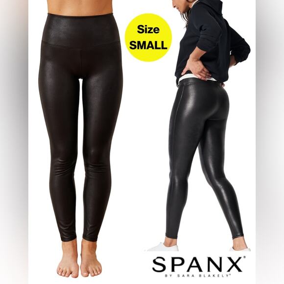 🖤 SPANX 🖤Shiny Black High-Waist Shapewear Leggings 〰️ Size Small Petite - Picture 1 of 12